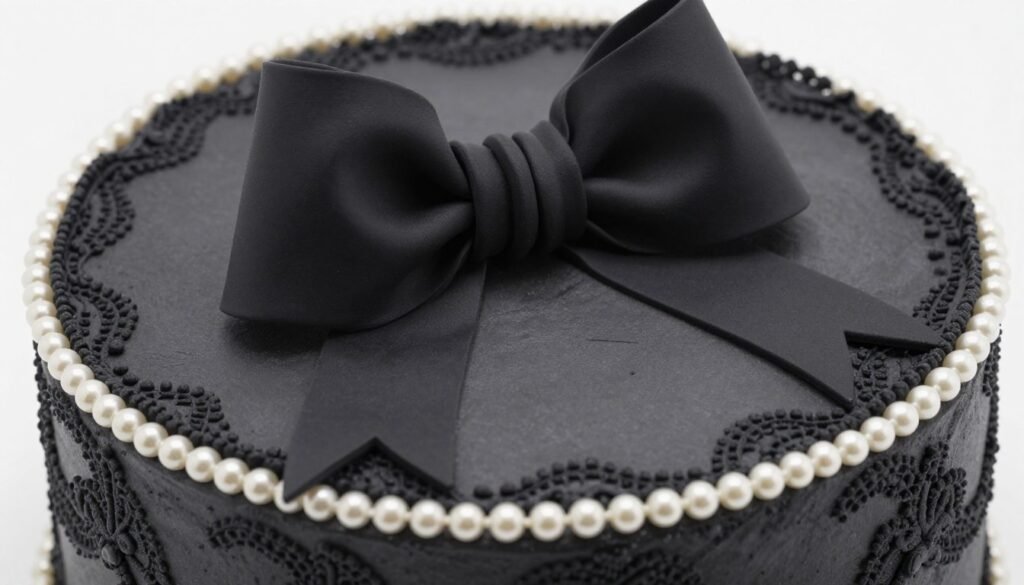 black bows on cake with lace and pearl details black bows on cake with lace and pearl details