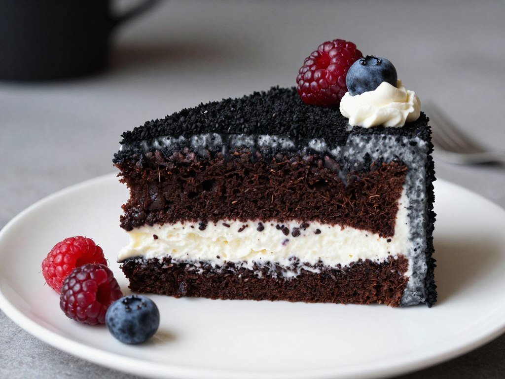 black cake slice showing interior layers black cake slice showing interior layers