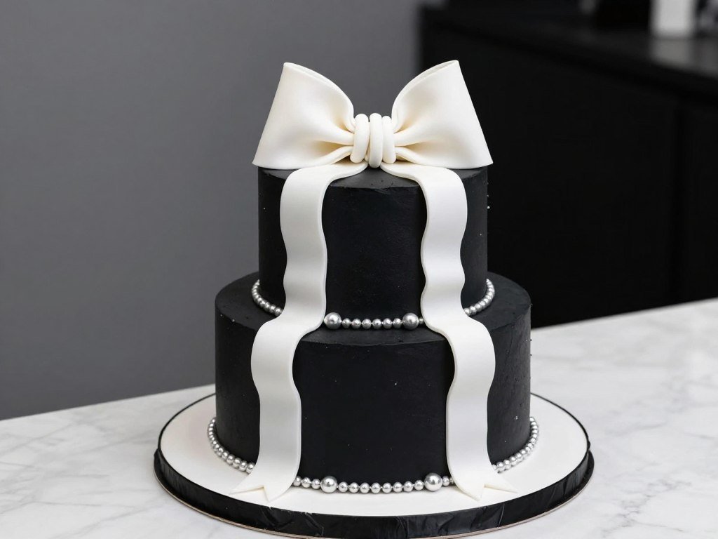 black cake with white bow accent