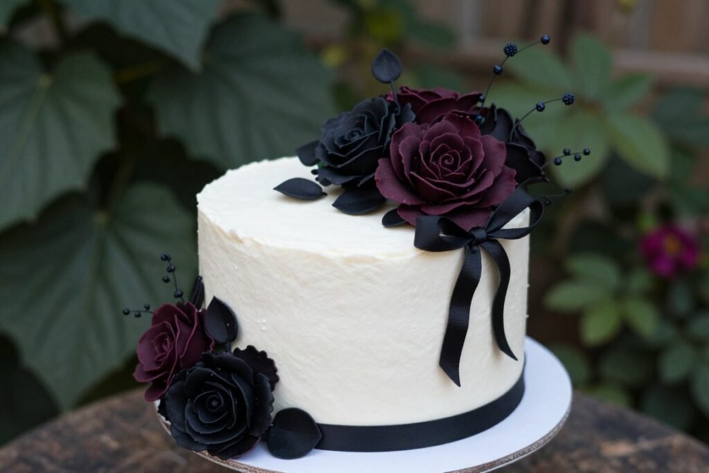 black coquette cake with floral arrangements black coquette cake with floral arrangements