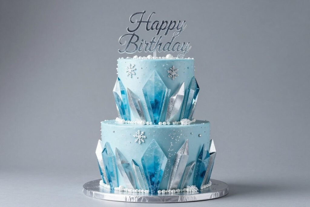 blue and silver frozen-inspired birthday cake design
