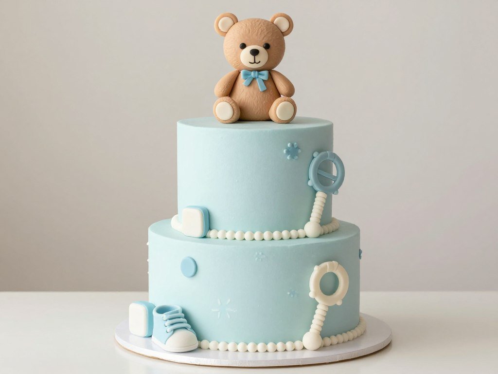 blue baby shower cake with baby themed decorations blue baby shower cake with baby themed decorations