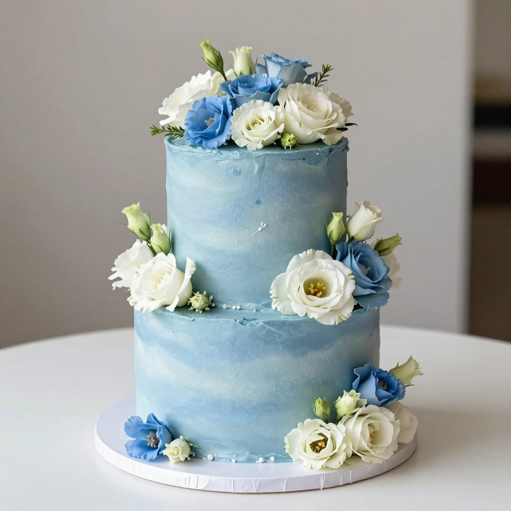 blue birthday cake with fresh flowers blue birthday cake with fresh flowers