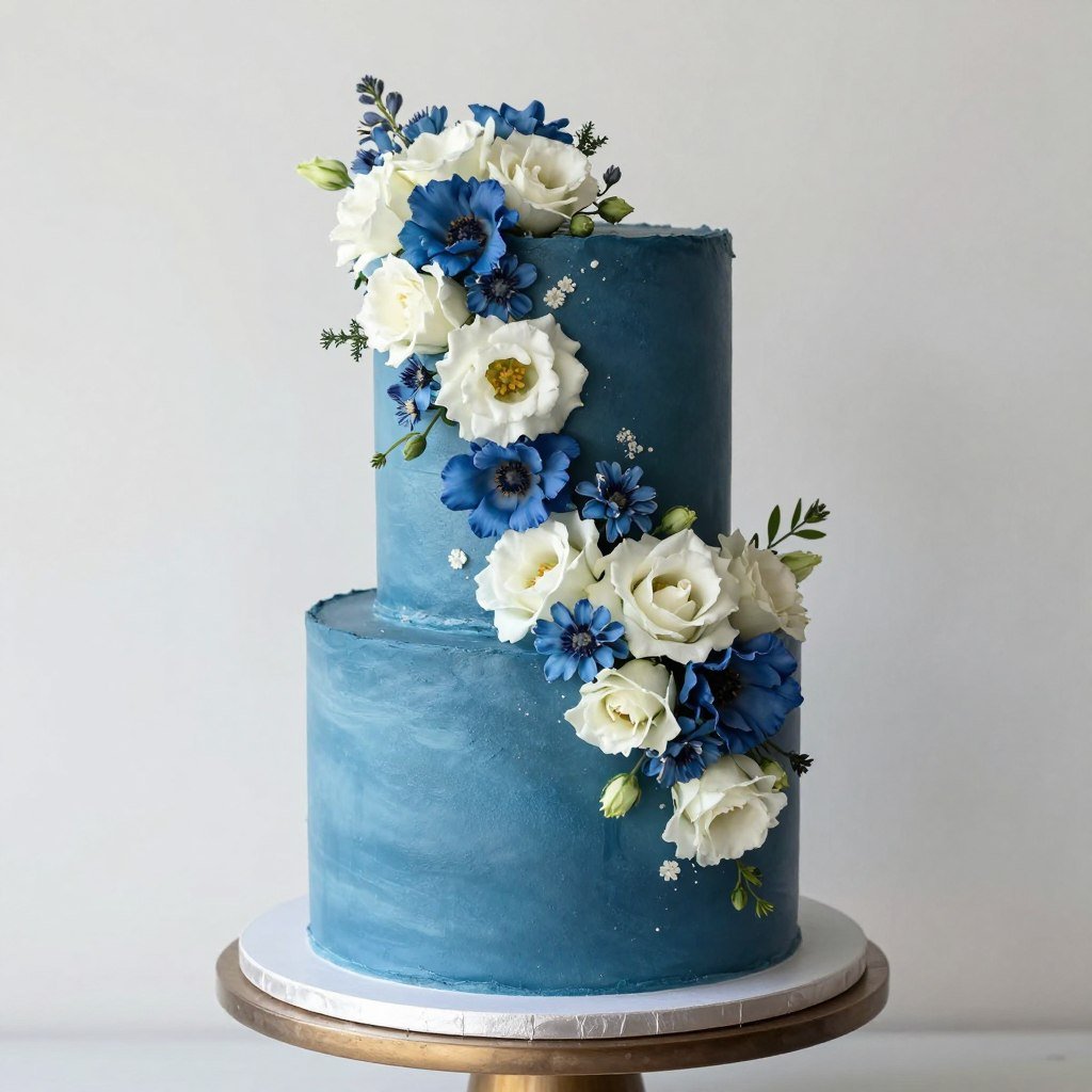 blue cake inspo with cascading flowers blue cake inspo with cascading flowers