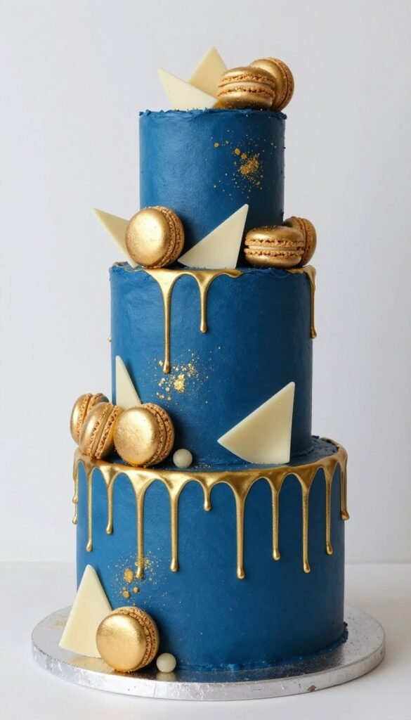 blue cake with gold drip effect blue cake with gold drip effect