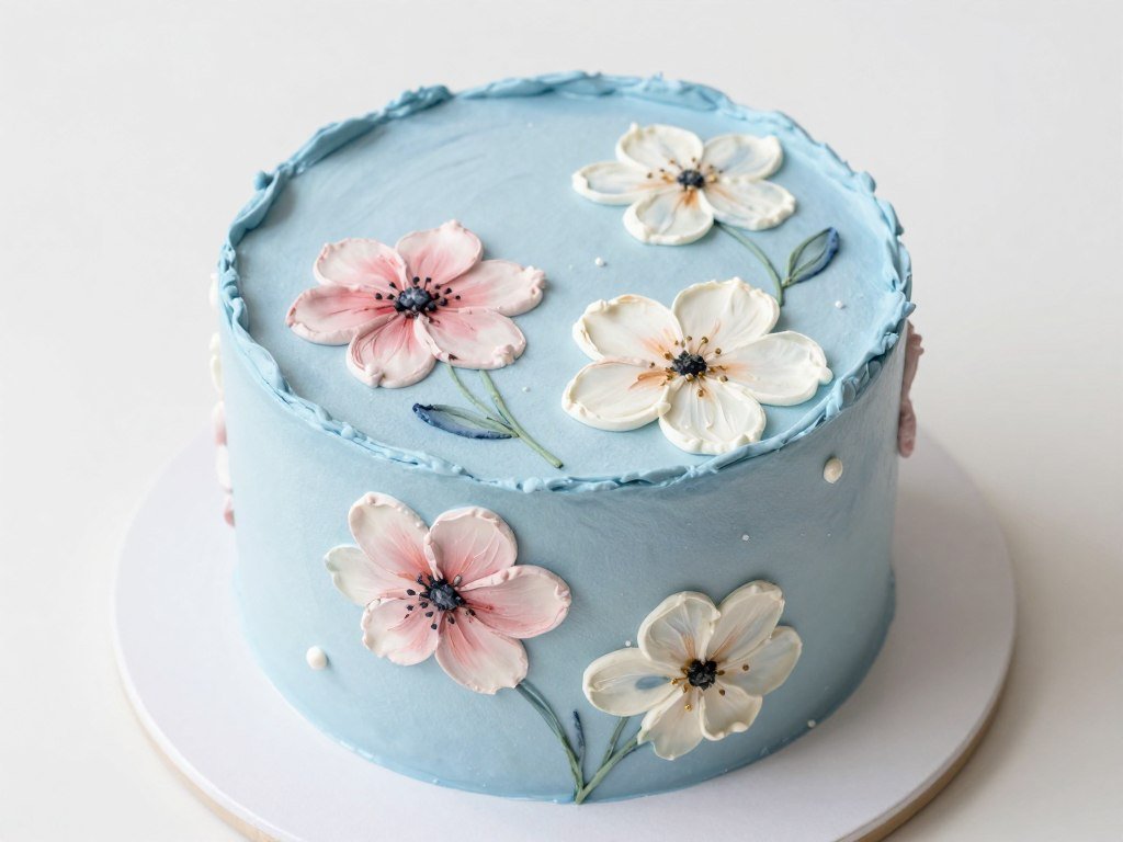 blue cake with hand painted floral art blue cake with hand painted floral art