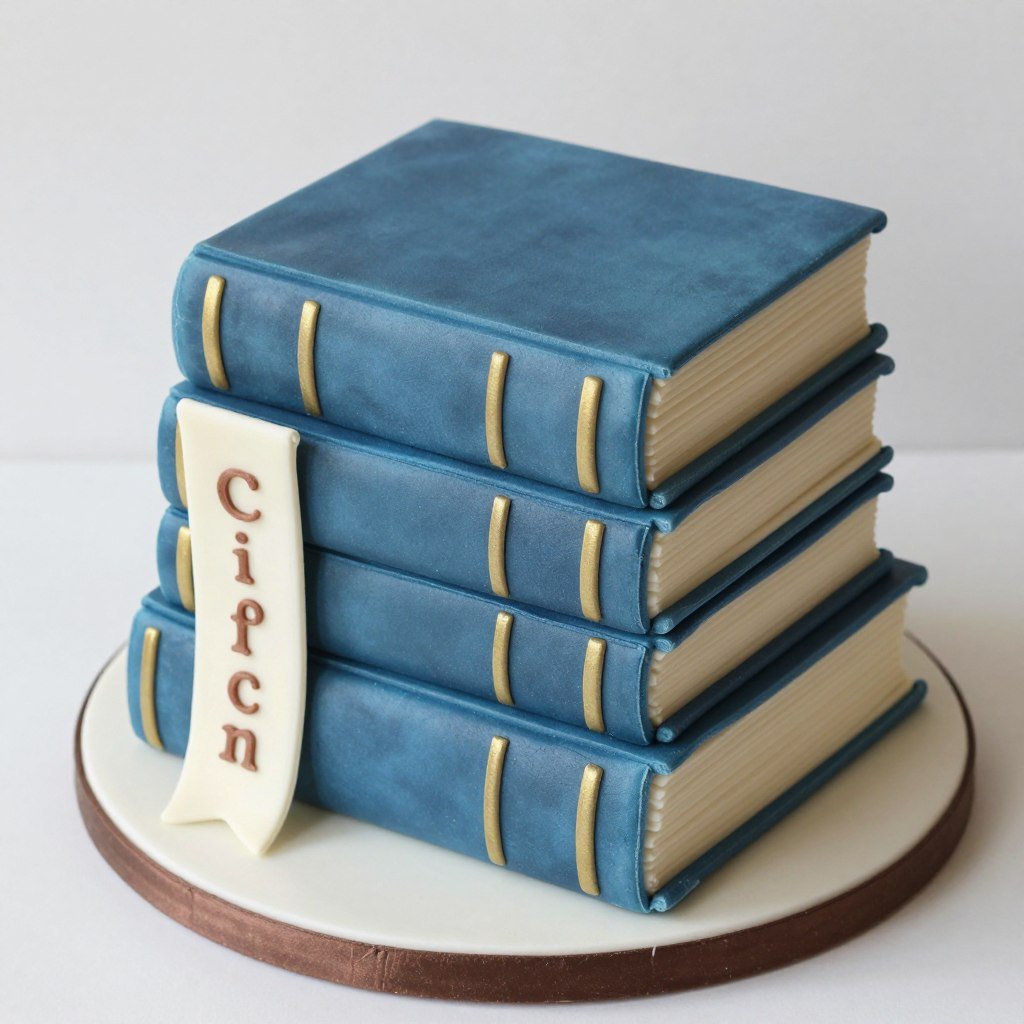 blue cake with vintage book stack design blue cake with vintage book stack design