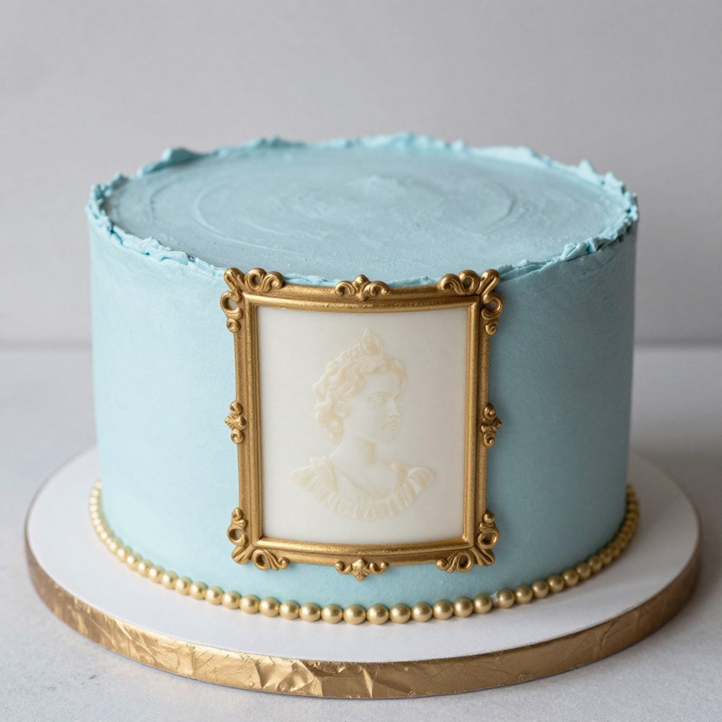 blue cake with vintage frame and portrait blue cake with vintage frame and portrait