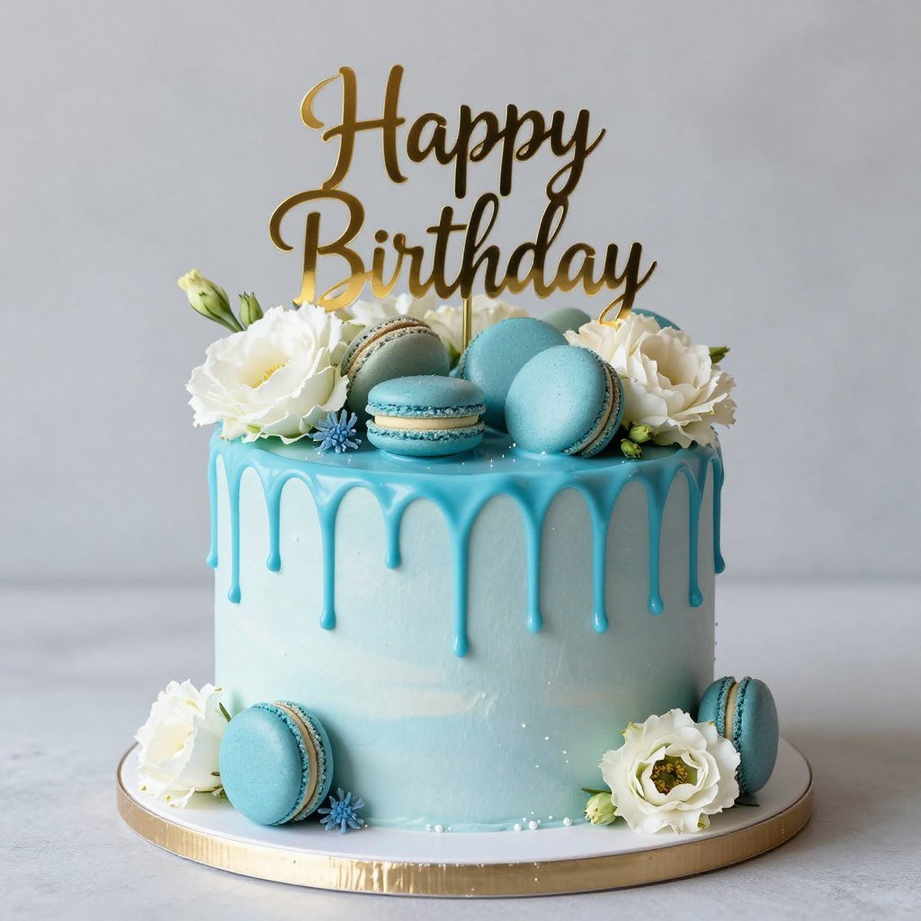 blue drip birthday cake with macarons blue drip birthday cake with macarons