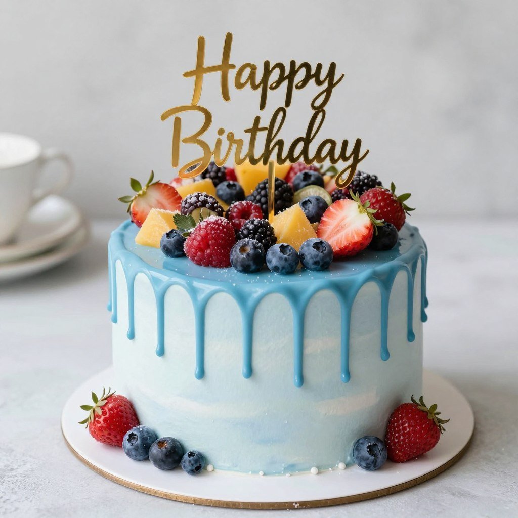 blue drip cake with fresh berries blue drip cake with fresh berries