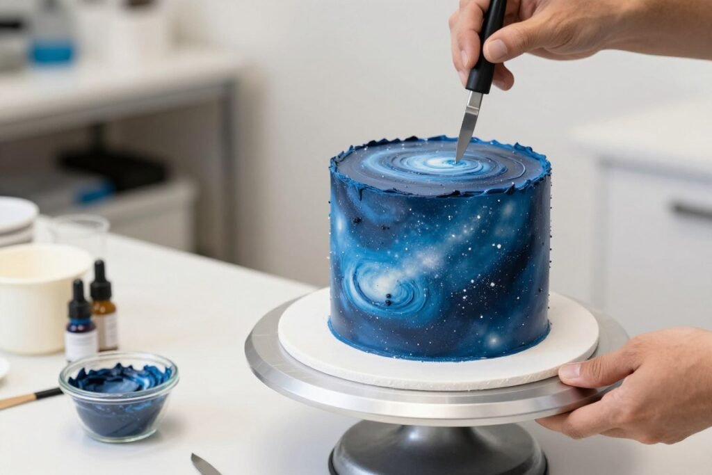 blue galaxy cake decoration process blue galaxy cake decoration process