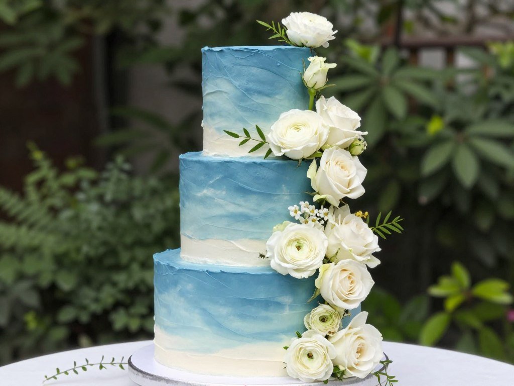 blue ombre cake with cascading fresh flowers blue ombre cake with cascading fresh flowers