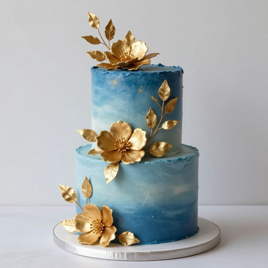 blue ombré cake with gold floral accents blue ombré cake with gold floral accents
