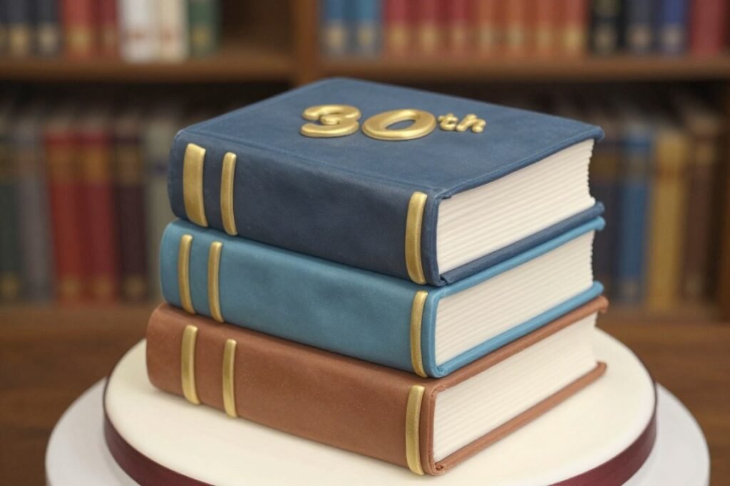 book-themed birthday cake designed like stacked books