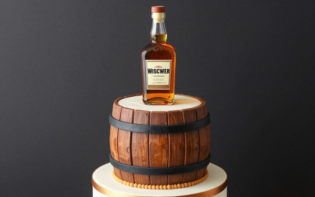 bourbon themed 50th birthday cake with edible whiskey bottle