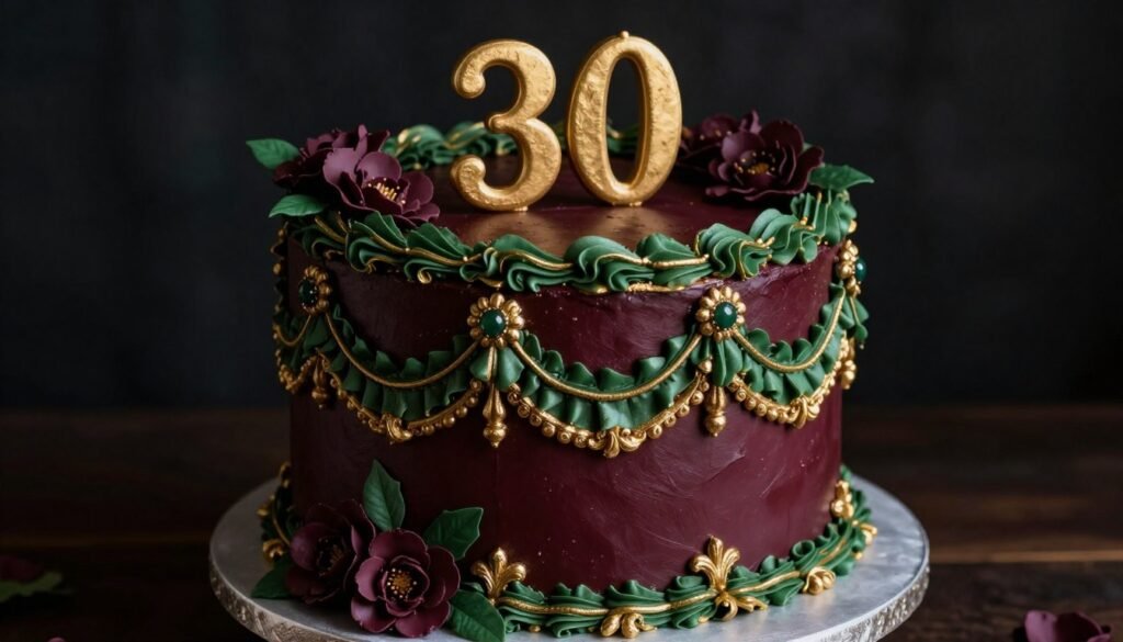 burgundy and gold Victorian-style birthday cake