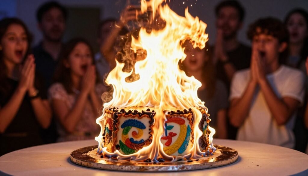 burn-away cake mid-reveal showing dramatic effect during birthday celebration burn-away cake mid-reveal showing dramatic effect during birthday celebration