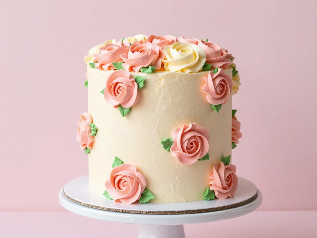 buttercream floral birthday cake with piped roses in multiple colors