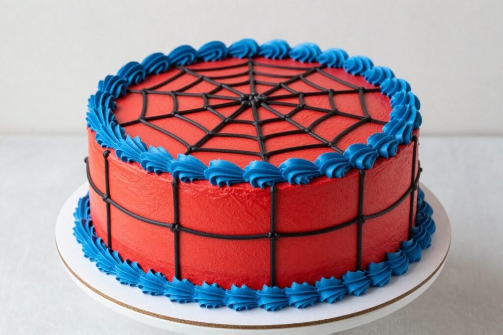 buttercream spiderman cake with piped web design red blue colors buttercream spiderman cake with piped web design red blue colors