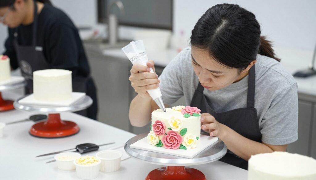 cake decorator working on flower birthday cake cake decorator working on flower birthday cake