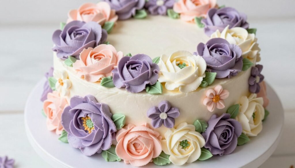 cake with buttercream flower piping in pastel colors