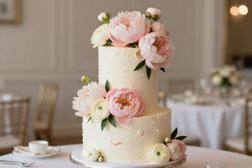 cake with peony and ranunculus flowers