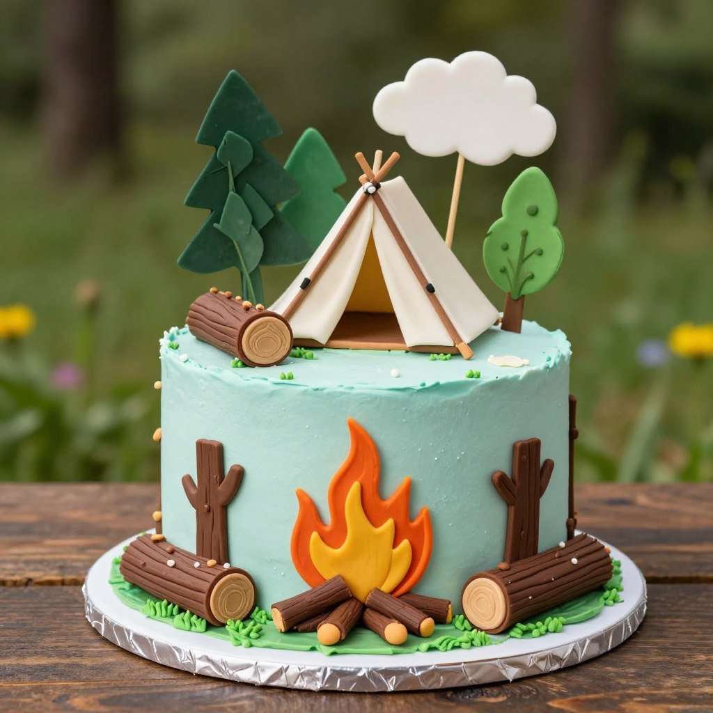 campfire and outdoor adventure themed birthday cake