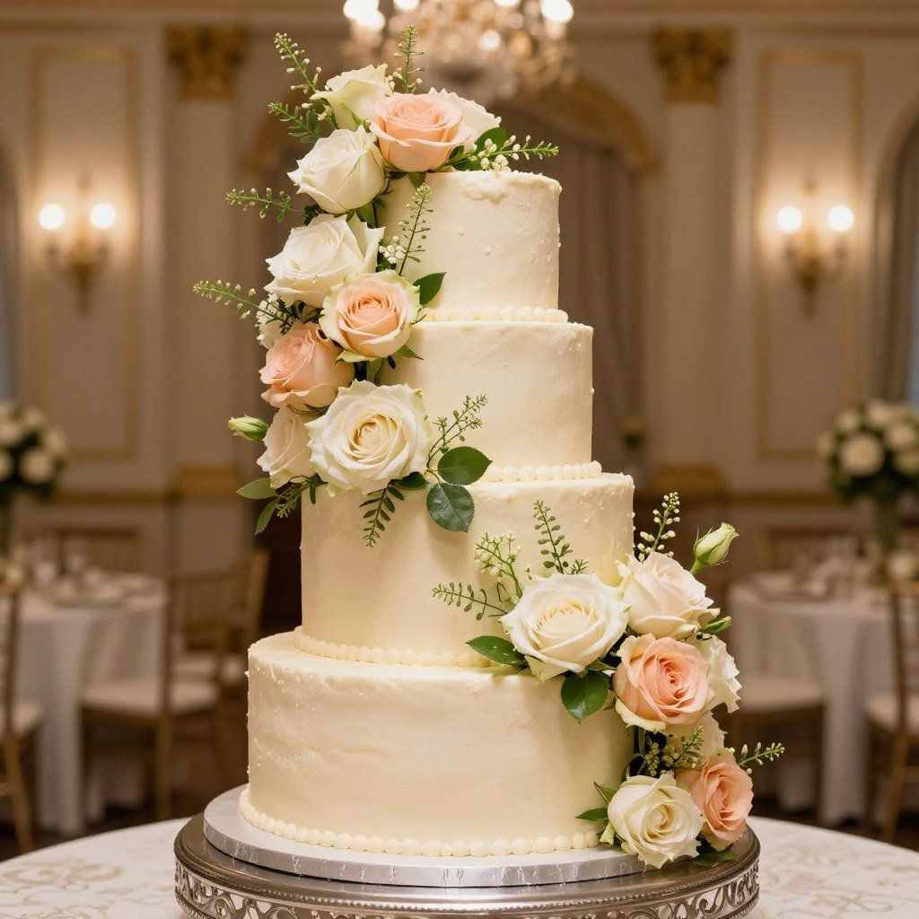 cascading fresh flowers on tiered birthday cake