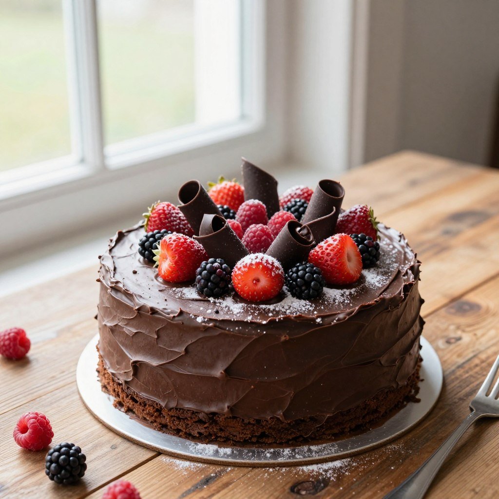 chocolate 50th birthday cake topped with assorted fresh berries