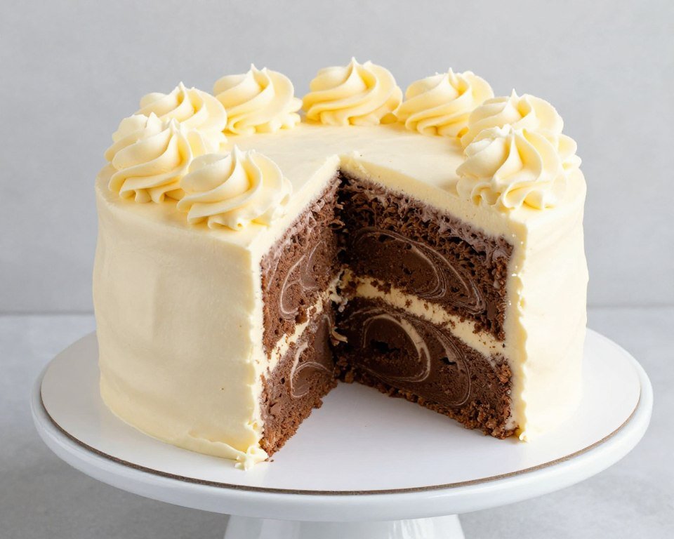 chocolate and vanilla marble birthday cake with elegant frosting