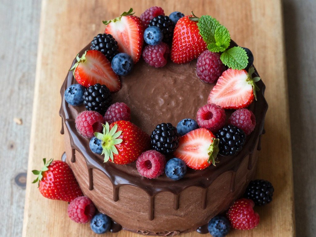 chocolate birthday cake decorated with fresh berries