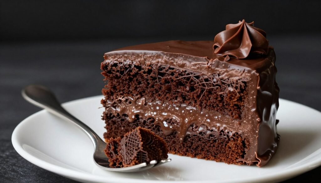 chocolate birthday cake slice showing layers