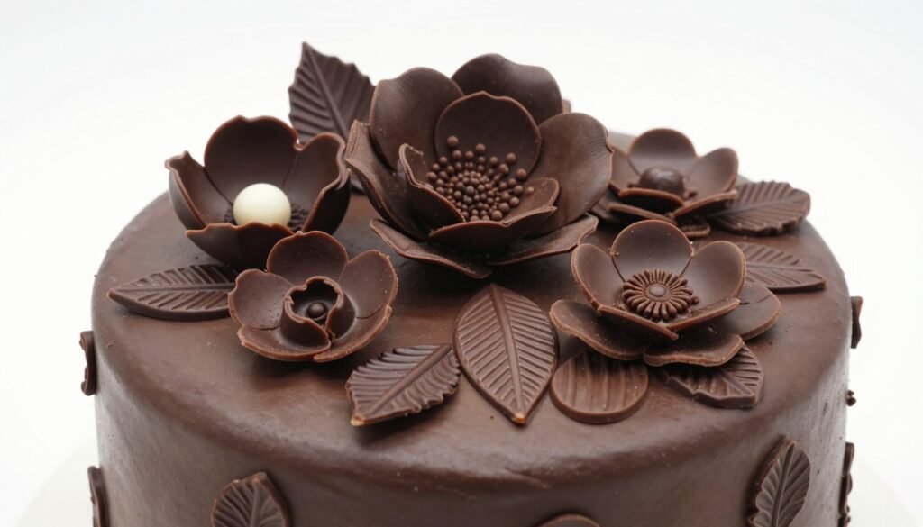 chocolate birthday cake with elaborate chocolate flower decorations