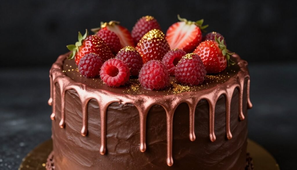chocolate birthday cake with rose gold drip and berries
