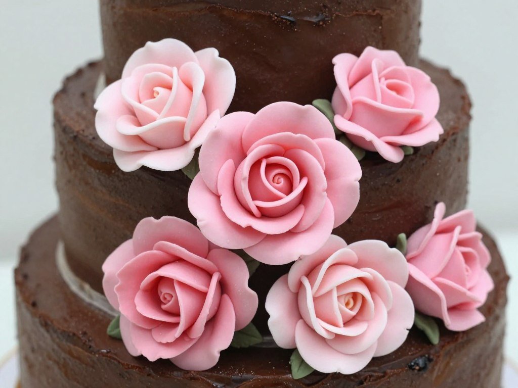 chocolate cake decorated with handmade sugar flowers in pink tones