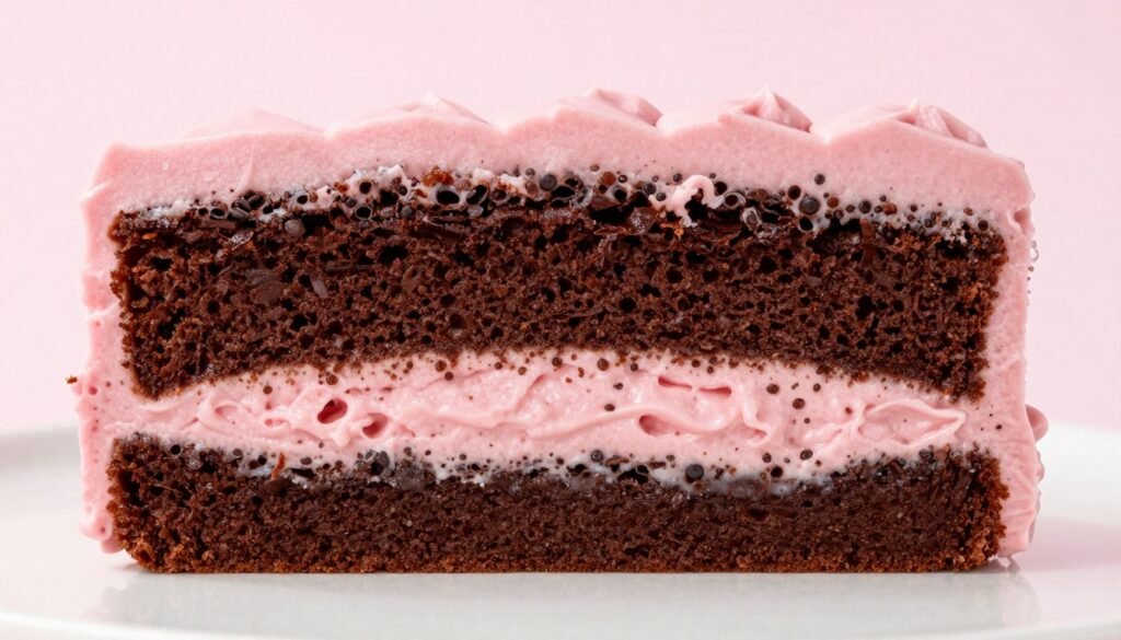 chocolate cake layers with pink coquette buttercream