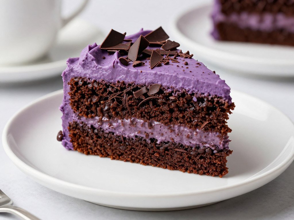 chocolate cake with purple frosting slice