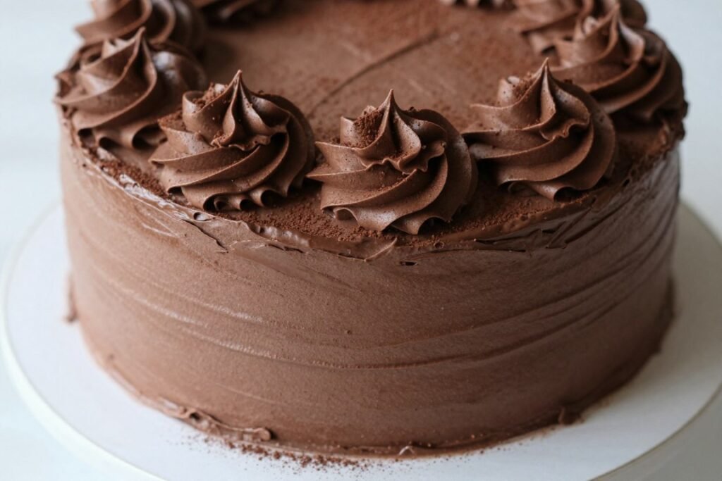 chocolate cake with rustic buttercream swirl texture