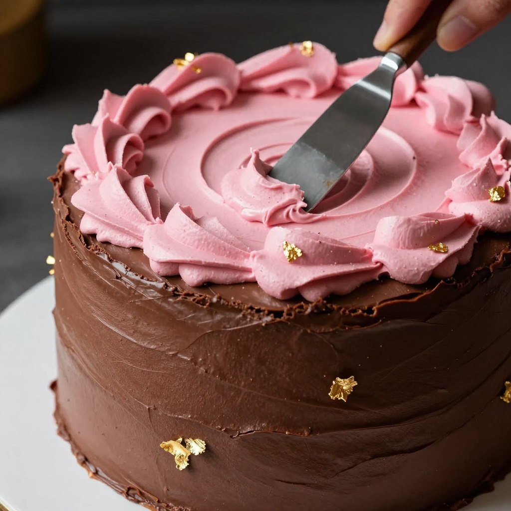 chocolate cake with textured pink buttercream and gold accents
