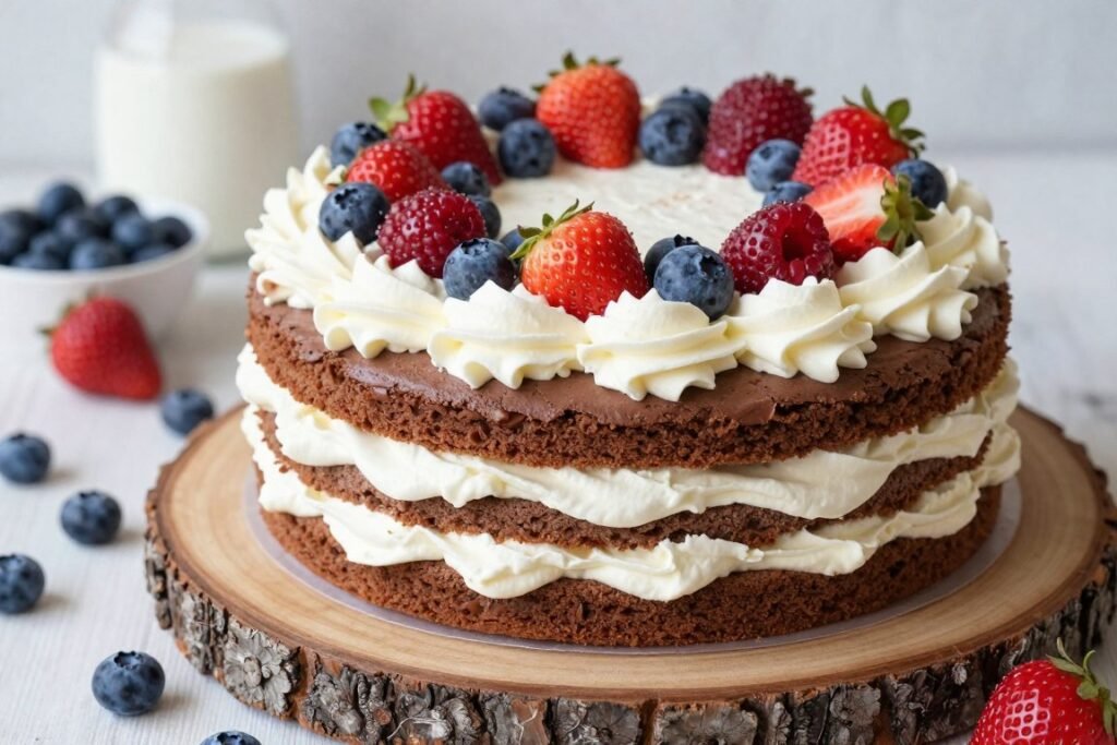 chocolate cake with whipped cream and berries chocolate cake with whipped cream and berries