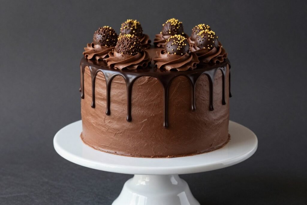 chocolate drip cake with ganache cascading down sides