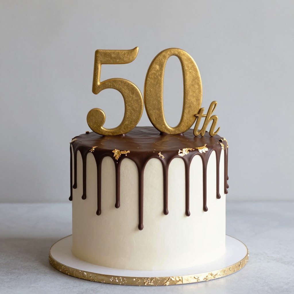 chocolate drip cake with gold accents