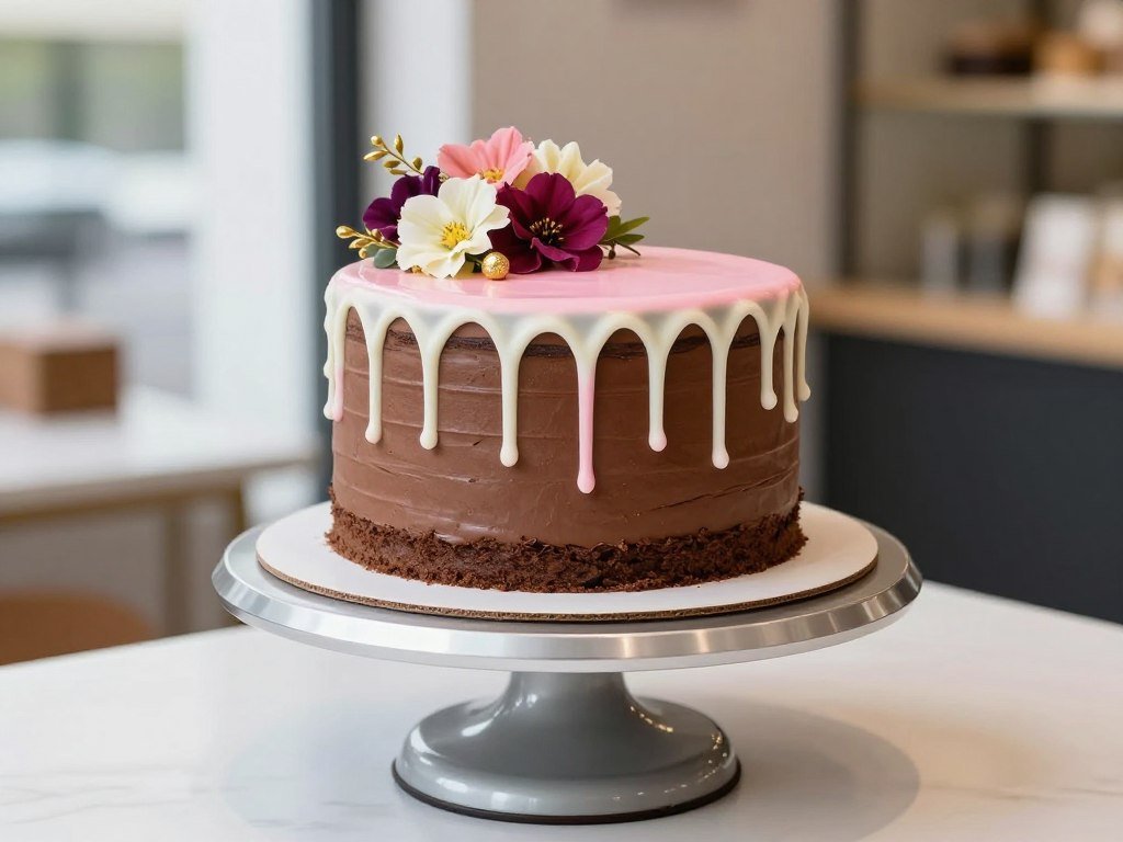 chocolate drip cake with pink white chocolate and flowers