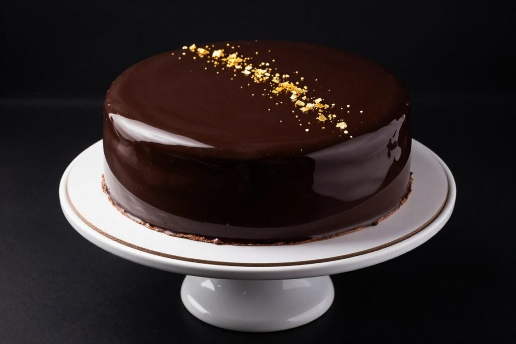 chocolate mirror glaze cake with reflective surface