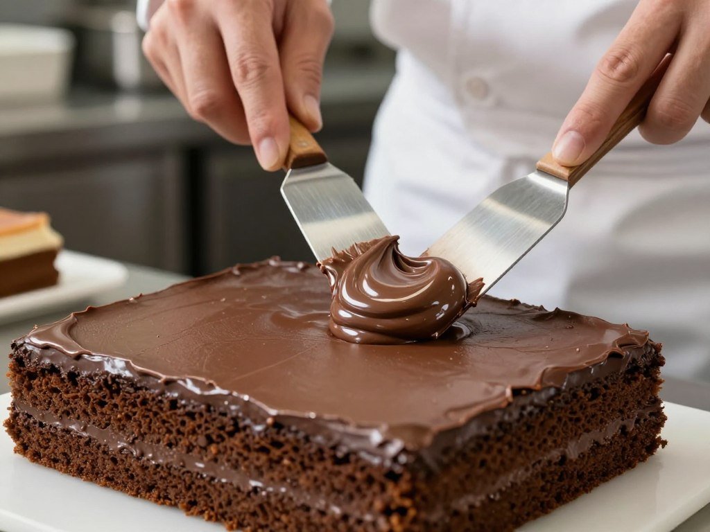 chocolate truffle filling being spread between cake layers with offset spatula chocolate truffle filling being spread between cake layers with offset spatula