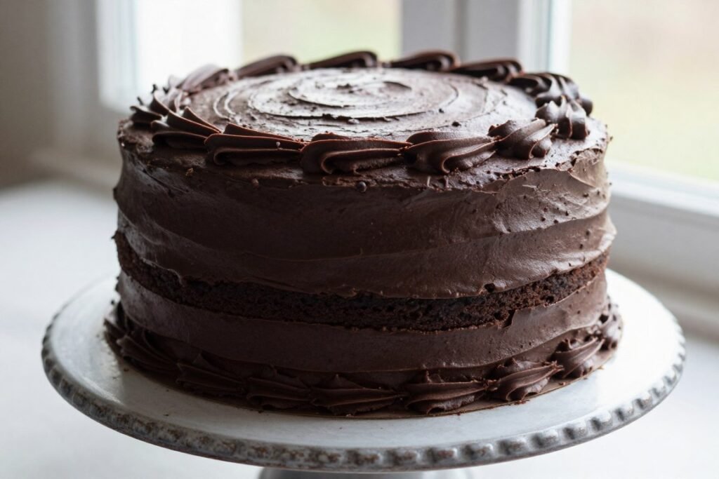 classic three-layer chocolate birthday cake with smooth frosting