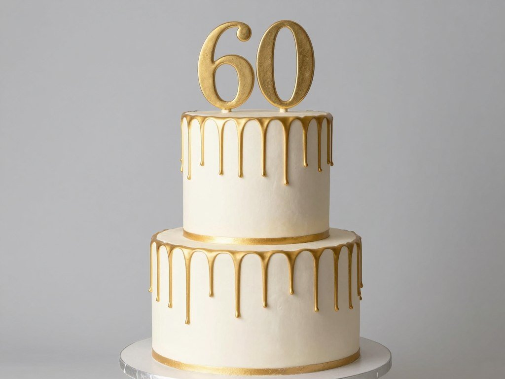 classic tiered birthday cake with gold number 60 topper