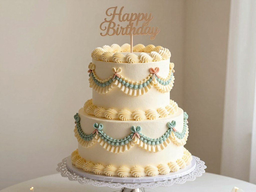 classic vintage birthday cake with buttercream piping and retro design elements