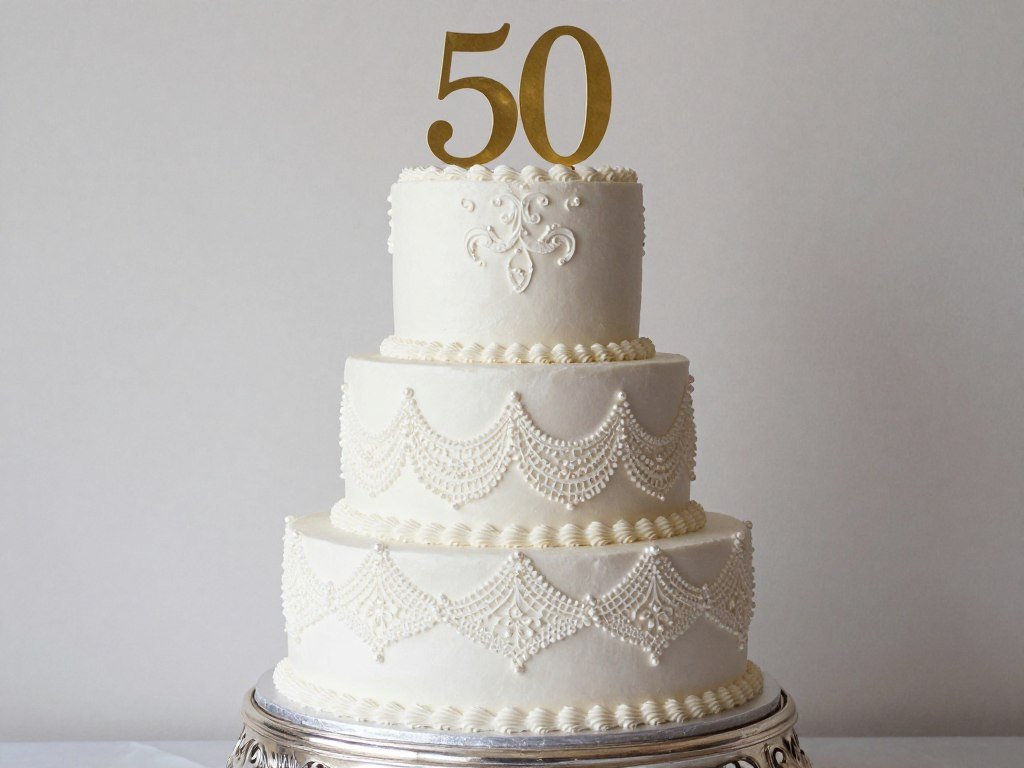 classic white 50th birthday cake with elegant piped details and pearl accents