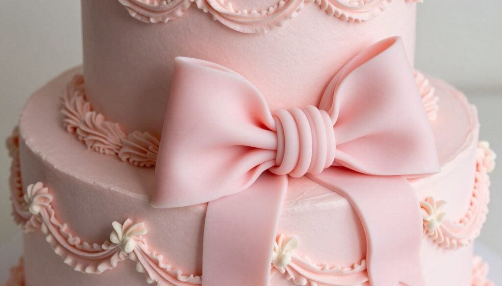 close up of coquette cake bows and buttercream details
